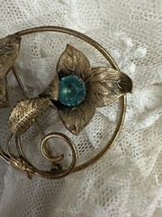 Antique 1920s Large Gold Washed Art Nouveau Art Deco Brooch Ice Blue