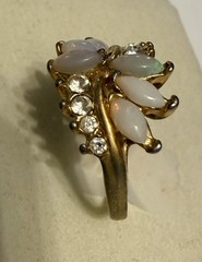 Vintage Gold Tone Faux Opal & Rhinestone Ring, Size 7