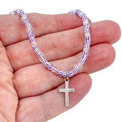 Vintage Red White & Blue Patriotic Sterling Silver 925 Cross Necklace 15″
