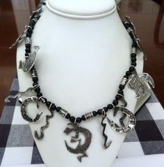 28″ LONG SOUTHWESTERN STERLING SILVER TURTLE BIRD RABBIT ONYX BEAD NECKLACE