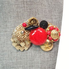 VTG Maximalist Art Brooch Pin Red Black Gold Tone Statement Fashion Steam Punk