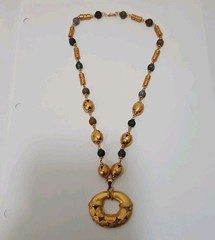 Gold Plated 24k PreColumbian Inca Pendant Necklace & Drop Earrings Set Faux Jade