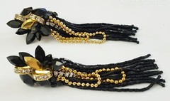 Vintage Retro Black & Gold Glass? 4″ Rhinestone Beaded Dangle Drop Earrings
