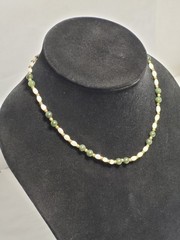 Vintage Green And White Beaded Necklace Natural Gemstones Brass Wire & Beads