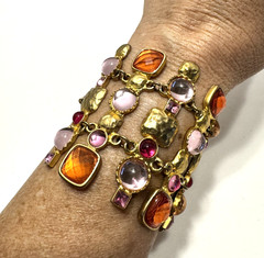 Vintage Signed VCLM Bracelet Gold Tone w/ Pink & Orange Stones 8″ Long 2.5″ Wide