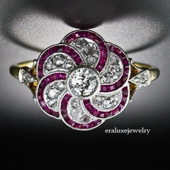 Vintage Art Deco Style Lab Created Diamond & Ruby Wedding 14K Gold Finish Ring