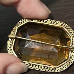 Vintage Nouveau Signed Czech Topaz Amber Glass Open Bezel Set Brooch Pin Amazing