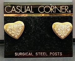 Vintage Casual Corner Heart Rhinestones Gold Color Earrings Surgical Steel Posts