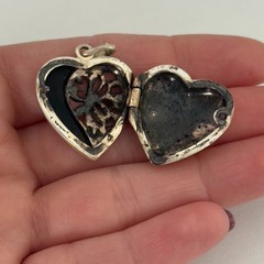 Vintage Sterling Silver Black Onyx Marcasite Floral Puffy Heart Locket Pendant