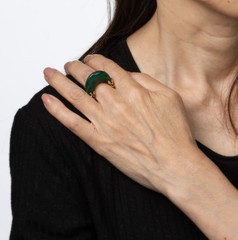 70s Vintage Malachite Brutalist Ring High Dome Sz 6.5 14k Yellow Gold Jewelry