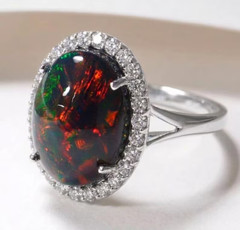 18K Gold Plated Sterling Silver Natural Black Opal Oval Engagement Ring for Her
