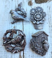 Vtg Birds and Blooms Pewter Brooches Lot of 4 Limited Edition Flowers Cardinal