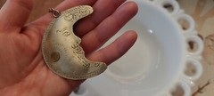Crescent Moon w face, Unique Pendant, hand tooled, Whimsigoth Celestial Jewelry