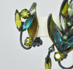 Vintage Green Navette Rhinestone Leaf Brooch Pin & Earrings Set Japanned Enamel