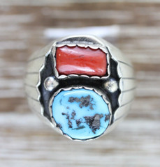 VINTAGE MEN’S INDIAN NATIVE AM STERLING SILVER 925 TURQUOISE CORAL RING 9.75