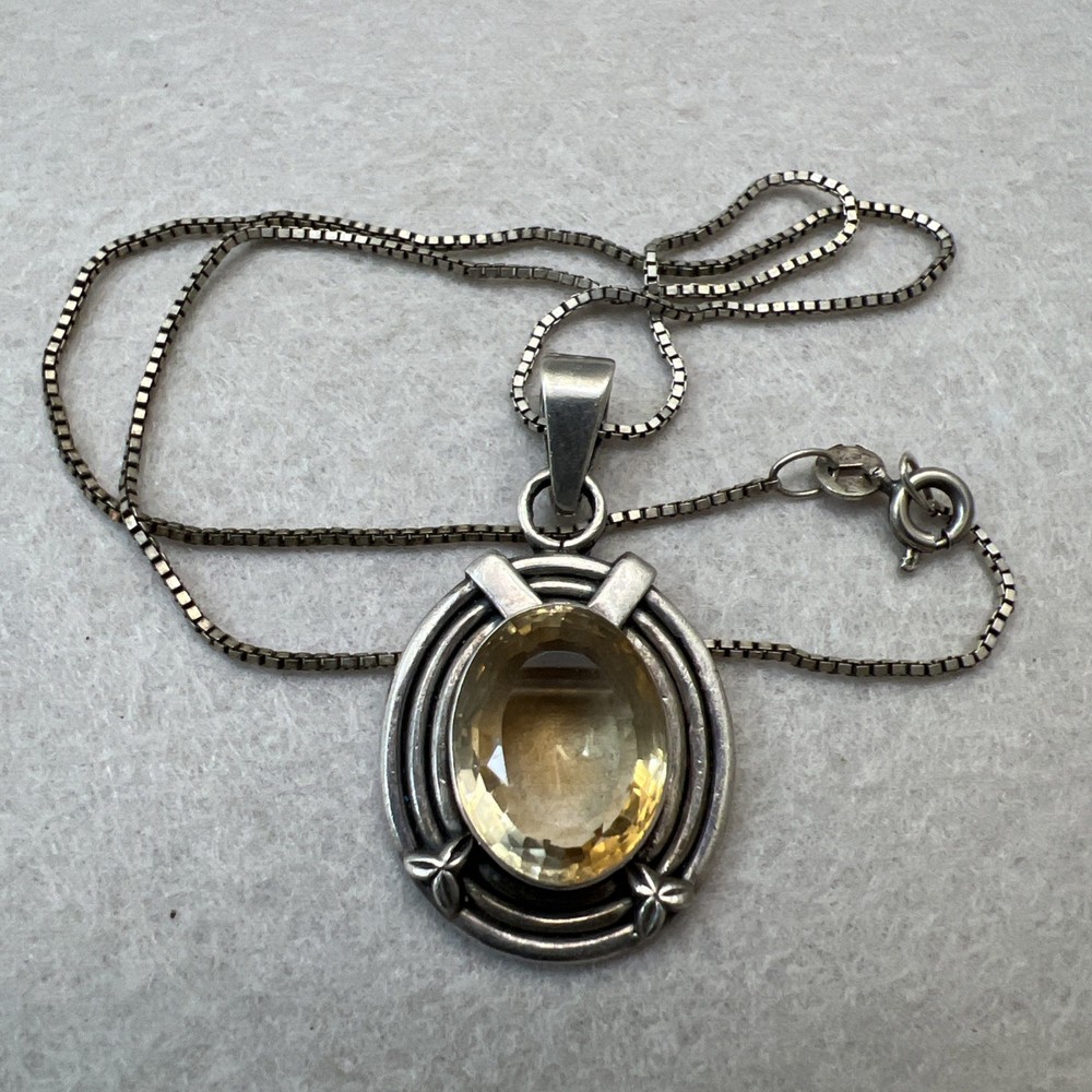 Vintage 925 Sterling Golden Topaz Pendant Necklace – 12 Grams – 16” Long