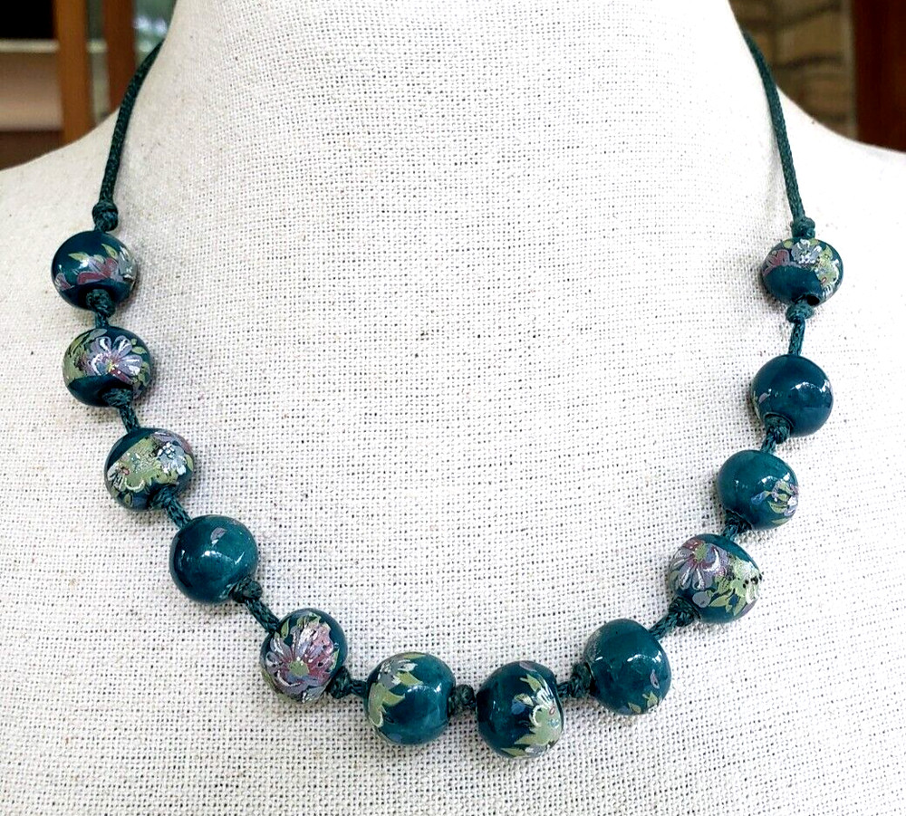 Vintage Athens Teal Green Ceramic Bead Knotted Cord Choker Necklace 19.25″