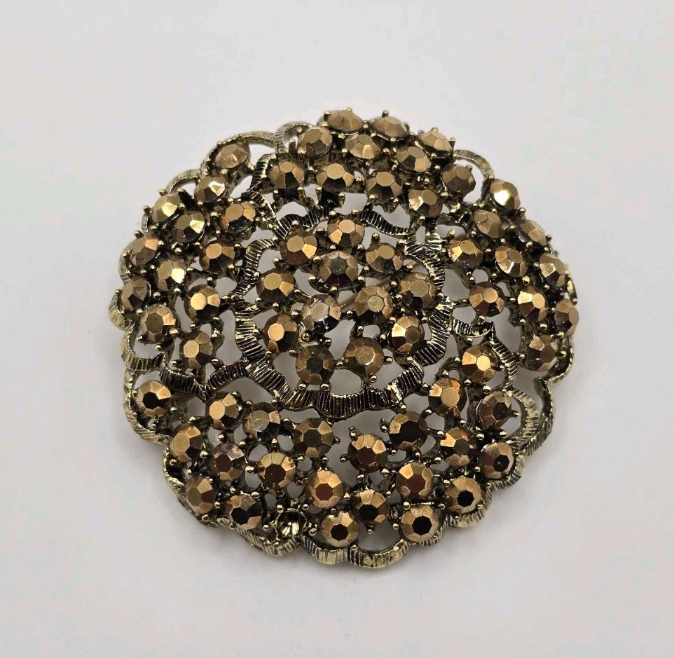 Vintage Weiss Designer Signed Brown Dark Rhinestone Brooch Pin 2″ *READ*