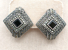 Vintage Judith Jack Sterling Silver 925 Square Stud Marcasite Clip On Earrings