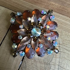 Vintage Flower Brooch 2 Inch Satin Amber Acrylic Layered Tiered Aurora Borealis