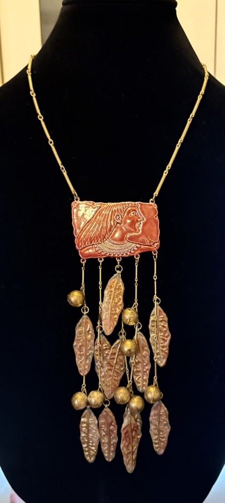 Vintage Lady Face Egyptian Revival Red Huge Waterfall Fringe Dangle Necklace 18”