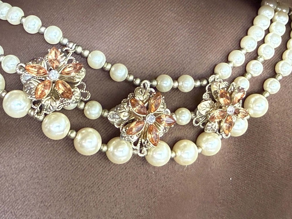 Vintage 1950s Triple Strand Faux Pearl Champagne Rhinestone Statement Choker