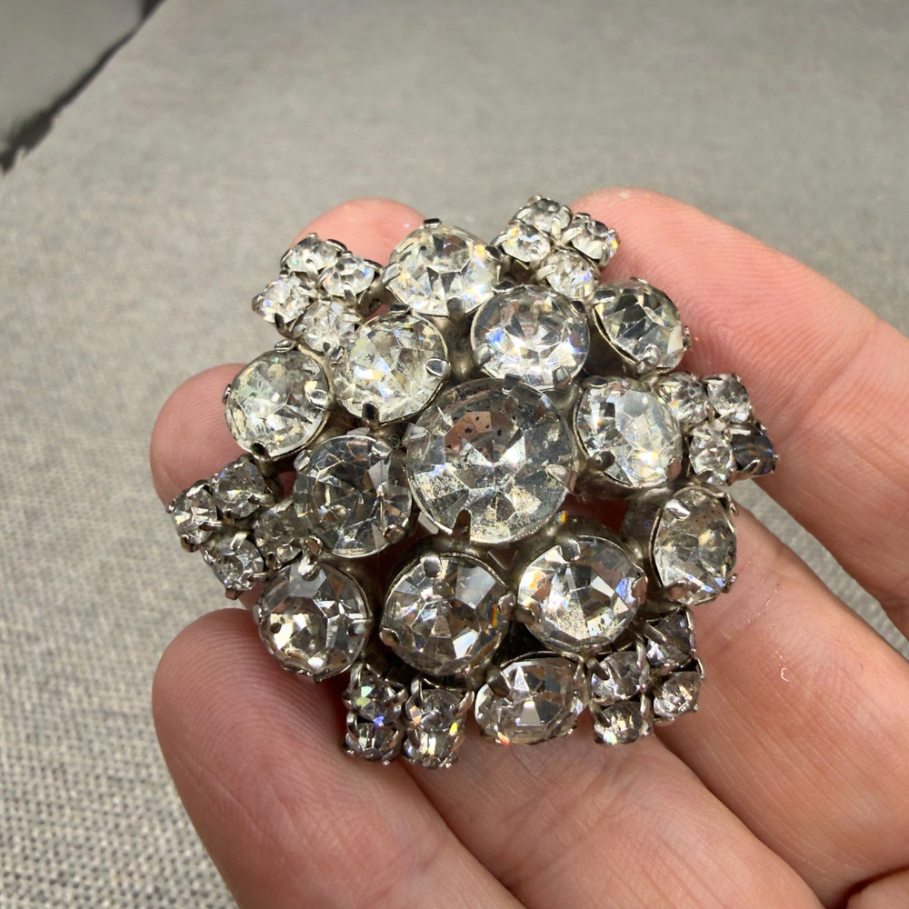 Vintage Brooch Domed Silver Tone Crystal Rhinestones 1.75 Inches