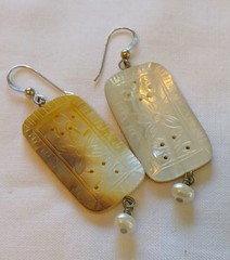 Vintage Mother of Pearl Rectangle Carved Flower Dangle Earrings w/ Pearl