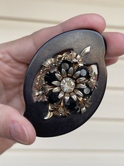 Vintage Bakelite Brooch Irregular Shape Rhinestones Gold Tone Czech Large