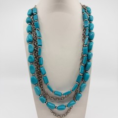 Vintage Silver Tone Turquoise Color Necklace Multi Strand Chunky Layered Chain