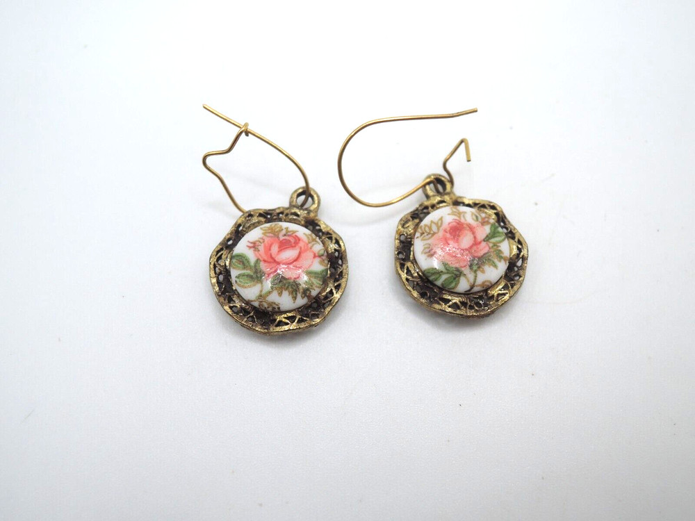 Gold Tone Drop Earrings with Floral Painted Porcelain Drops, 1970-’80s