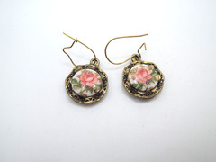 Gold Tone Drop Earrings with Floral Painted Porcelain Drops, 1970-’80s