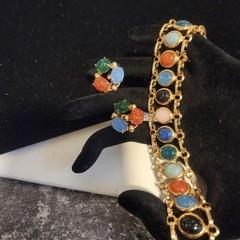 Vintage Scarab Bracelet and Clip On Earrings Set Gold Tone Multi Stone Jewelry