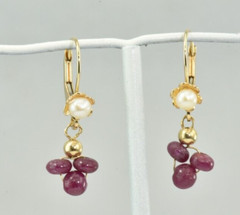 Vintage 14k Gold Earrings Japan Cultured Pearl Natural Ruby Dangles Lever Back