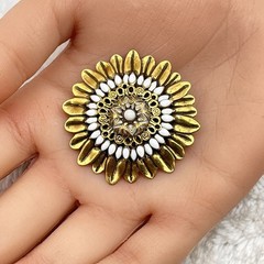 Vintage Sunflower Brooch Brooch Milk Glass Gold Tone Intricate 1.5″