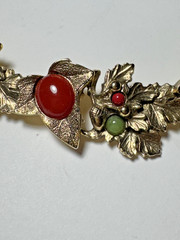 Vintage Oak Leaf Acorn Necklace & Brooch Set Gold Tone Red Green Cabochon Fall