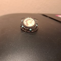 Antique 800 silver miniature portrait painting oval pendant pin turquoise beads