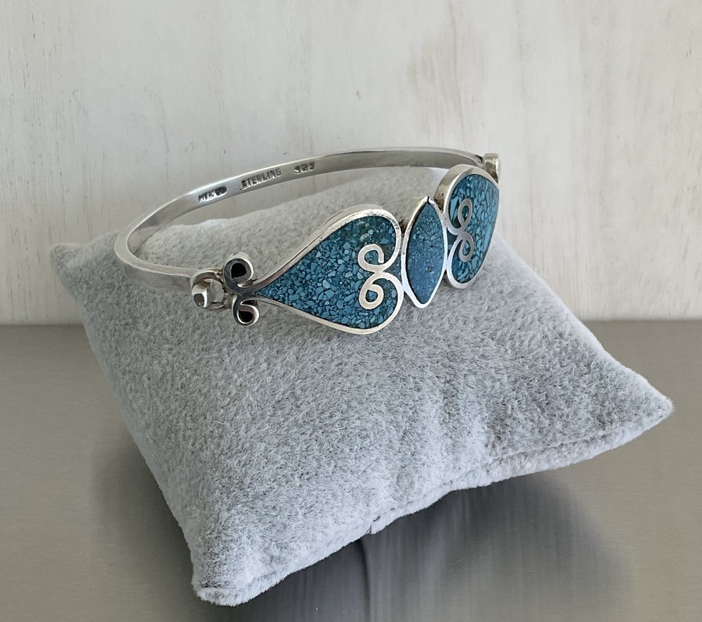 Vintage Mexico 925 Sterling Turquoise Inlay Mosaic Tension Bangle Bracelet 7″