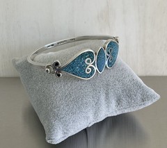 Vintage Mexico 925 Sterling Turquoise Inlay Mosaic Tension Bangle Bracelet 7″