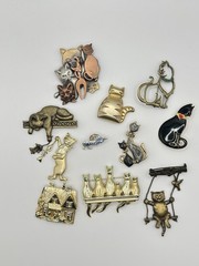 Lot Of 11 Vintage Cat Brooches. All Signed. JJ, Vero, AJ, KC And K&T