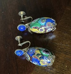 Vintage Murano Millefiori Glass Bead Drip Earrings Gold Tone Twist Back