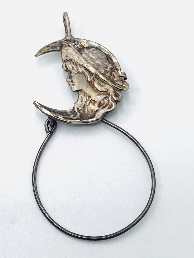 Vintage Art Nouveau Sterling Silver Charm Holder with Girl in the Moon Y2