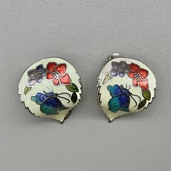 Earrings Womens Silver Tone Vintage Cloisonne Enamel Butterfly Floral 1 Inch