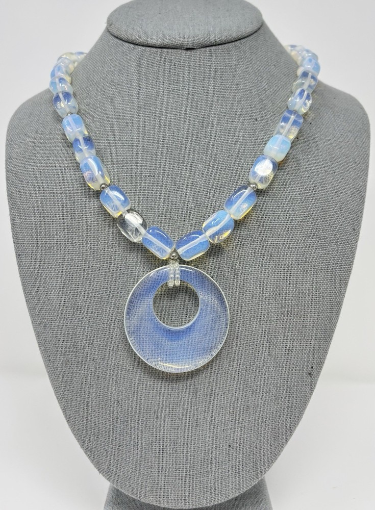 Opalescent Opalite Glass Bead Necklace Large Circle Pendant