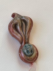 Handmade Green & Iridescent Coral Polymer Clay Mystical Face Pendant w Silk Ribb