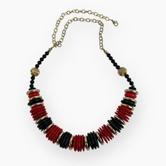 Vintage Artisan Beaded Necklace Chunky Red Black Gold Disc Wood Acrylic Metal