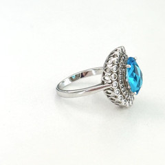 Ladies Light Blue & Clear CZ Halo Bezel Set White Gold Plated Ring Size 8