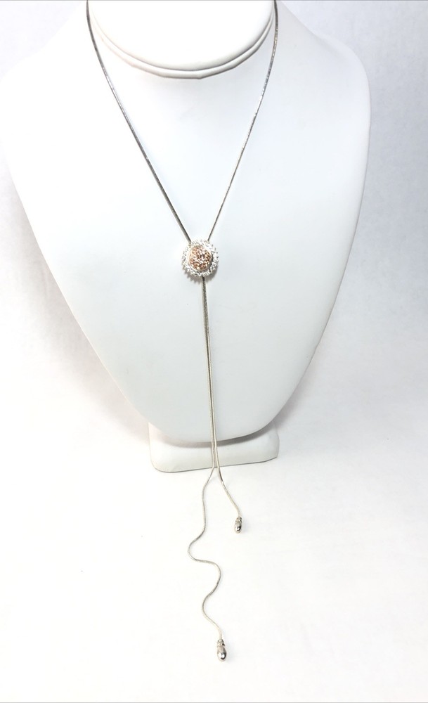 Woman’s Adjustable Slide Charm Bolo Lariat Necklace-Silver Tone W/ Brown Crystal