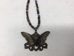 Boho Art Nouveau Goddess Butterfly Bronze Tone Beaded Necklace Jasper Hematite