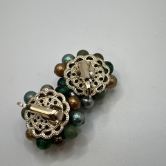 W. Germany Green Beads Glass Acrylic Earrings Clip on Closure Gold Tone Vintage,